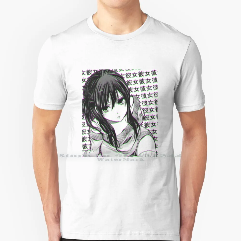 Черно-белая футболка с грустным японским аниме в эстетике девушки 100% хлопок Nyan