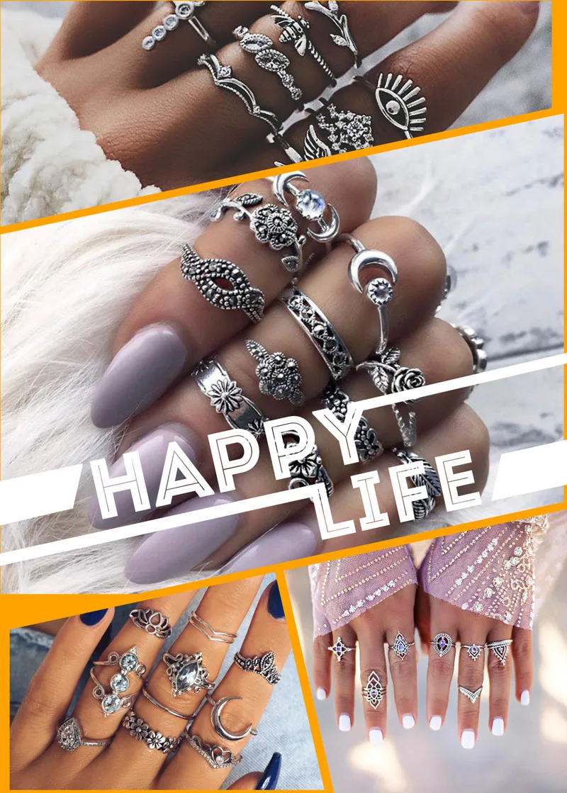 Новинка набор колец Стразы в стиле ретро Лотос Любовь Луна комбинация женских