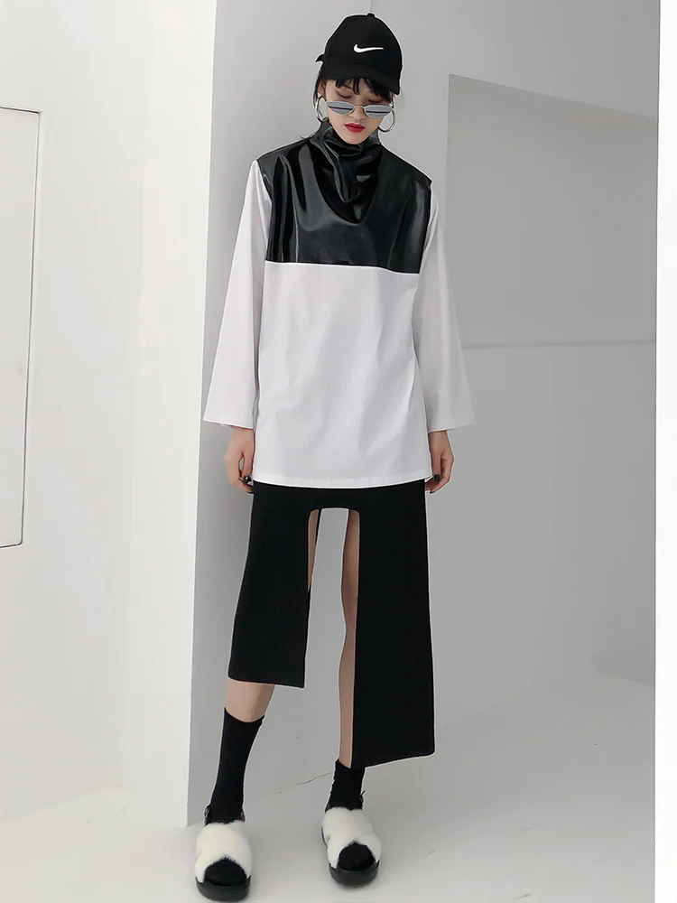 

Женская водолазка SuperAen, новинка 2021, свободный кожаный топ с молнией сзади