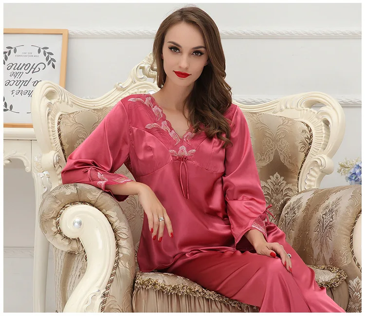 2021 New Spring Summer Sexy Women's Pajamas Silk Thin V-Neck Full Length Home Wear Red Bride Wedding Nightwear Set Sleepwear