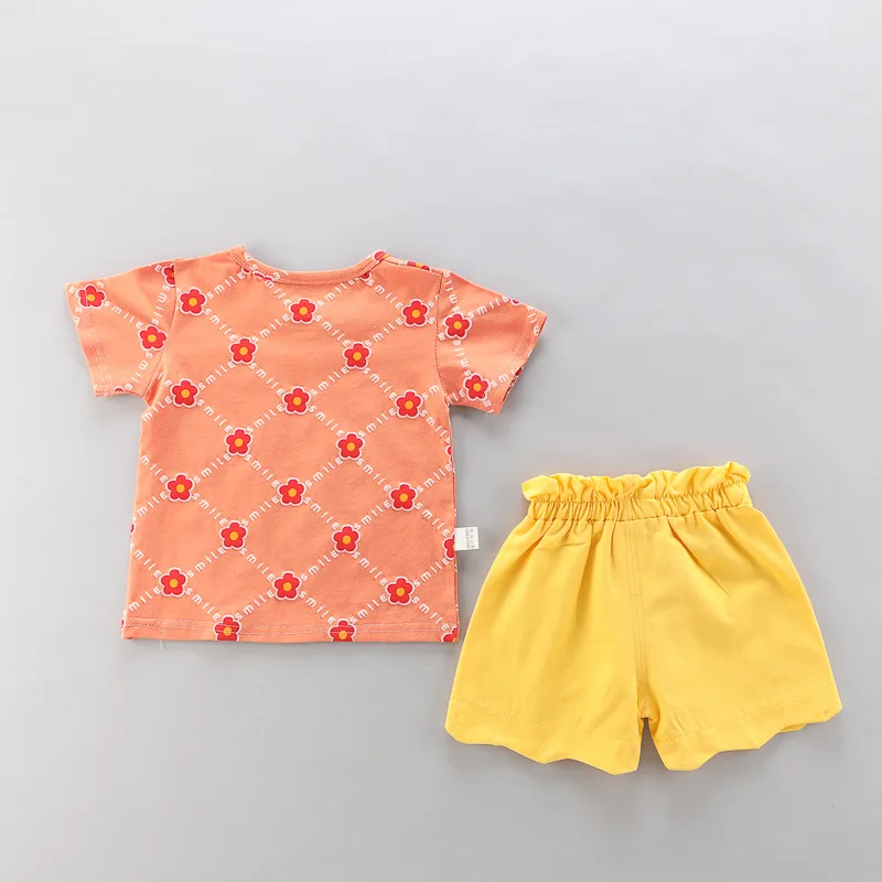 

Baby Girls Cotton Clothing Sets New Summer Infant Kids Little Red Flower Print T-shirt with Pocket+Yellow Shorts Girls Outfits
