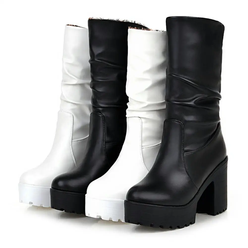 

Женские ботинки на платформе, однотонные повседневные зимние ботинки на высоком квадратном каблуке, с круглым носком, большие размеры 34-46