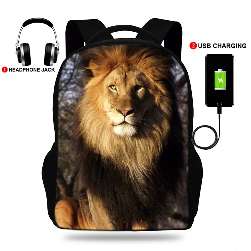Рюкзак с USB зарядкой и принтом в виде льва для мальчиков девочек|Мужские рюкзаки| |