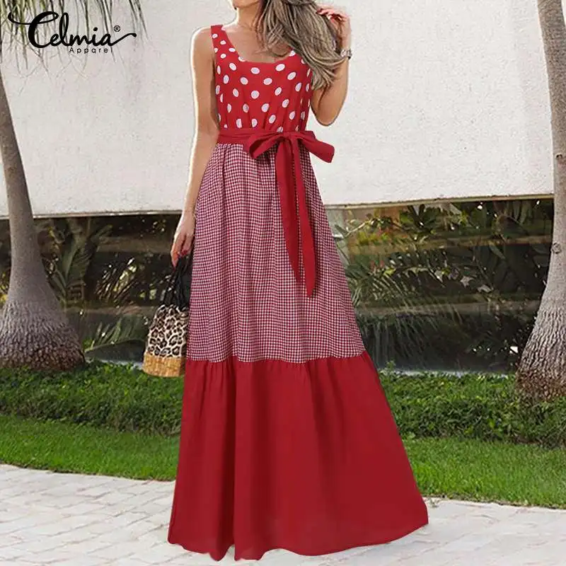 

Celmia Women Belted Fashion Maxi Vestidos Polka Dot Plaid Holiday Dress 2021 Summer Casual Loose Sleeveless Leisure Robes A-line