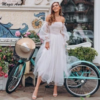 magic awn bohemian off the shoulder wedding dresses long puff sleeves illusion tea length beach wedding party dress simple robes
