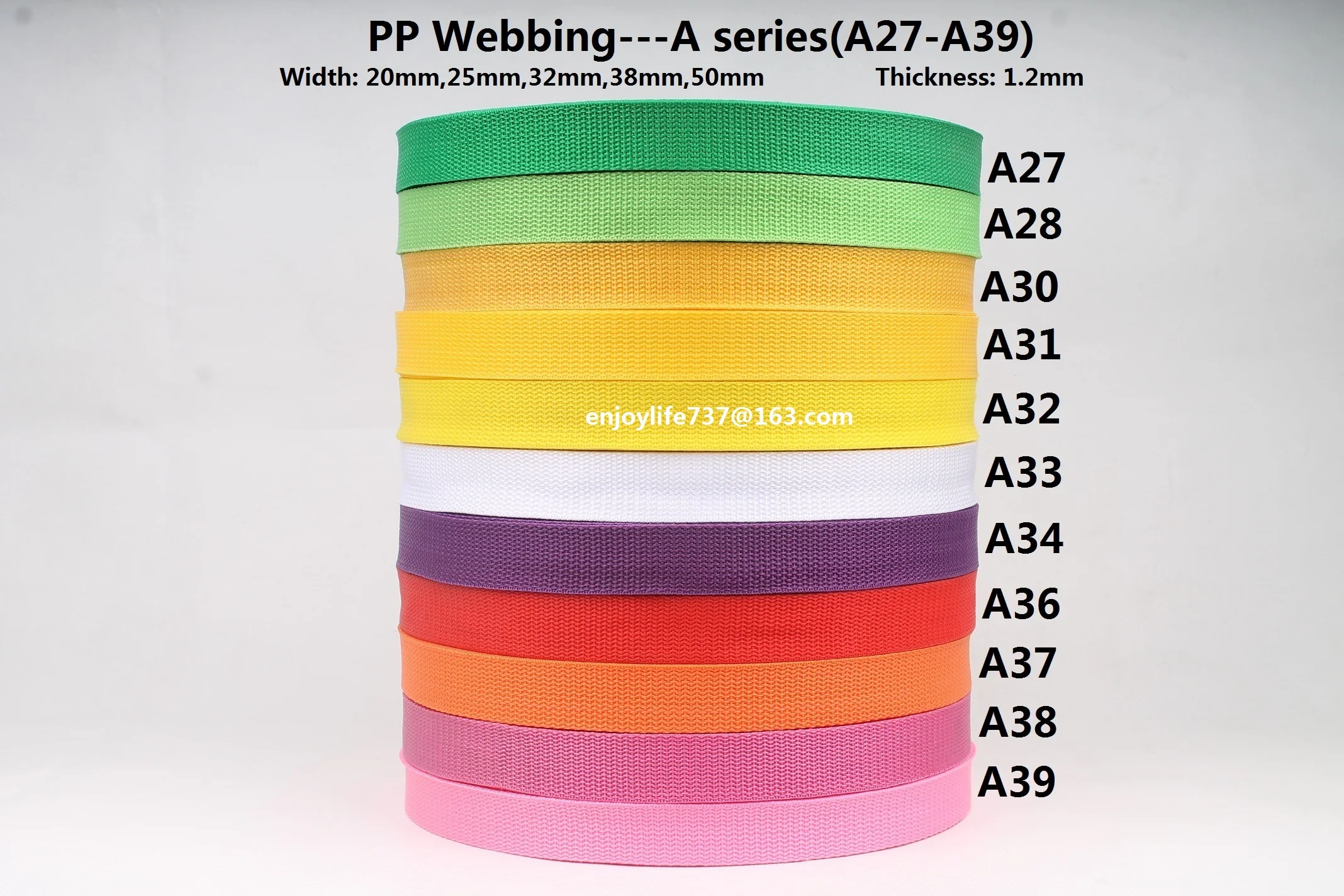 

2 inches wide( 5cm) 100 yards a roll pp webbing 26 rolls