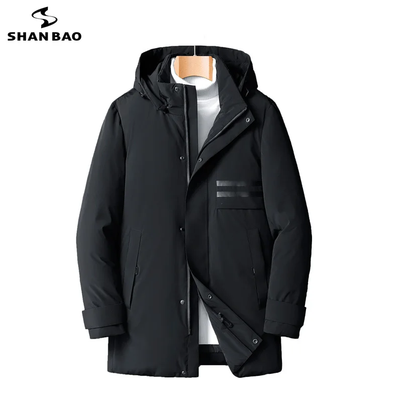 

SHAN BAO classic men's long hooded down jacket thick and warm winter brand clothing large size business casual loose coat L-8XL