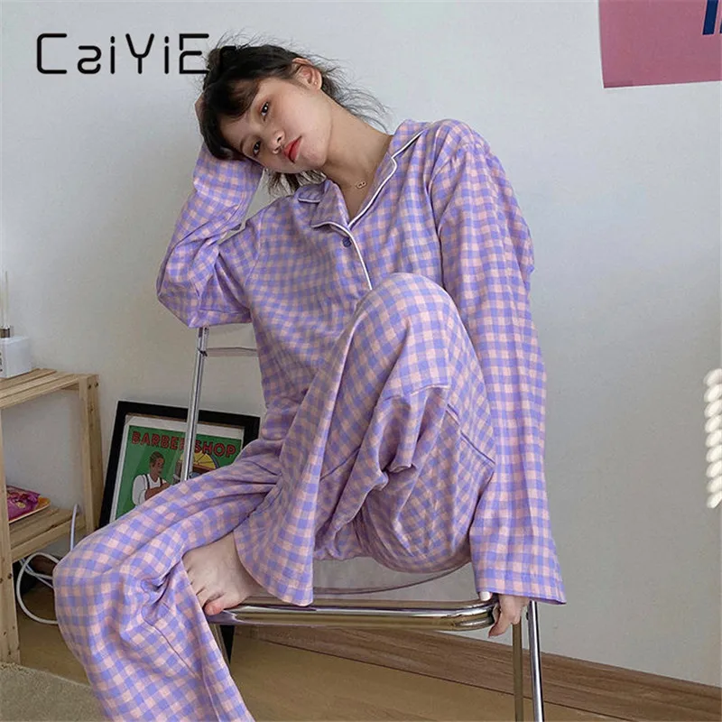 

CAIYIER Korean Purple Grid Girls Pajamas Set Cute Winter Long Sleeve Leisure Sleepwear For Women Loose Nightwear Homewear Suit