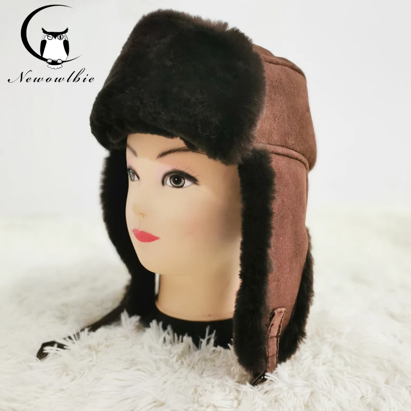 Russian Bomber Leather Cap Earmuffs Cap Really 100% Sheepskin Fur Cap Comfortable and Elastic Outdoor cap ski cap in winter