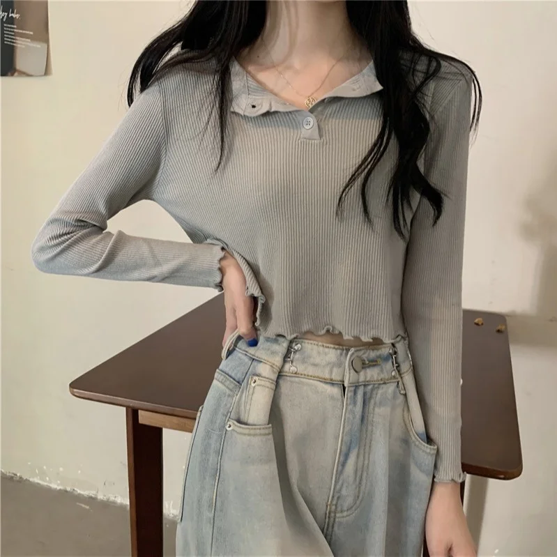 

Bm Midriff-baring Long Sleeve Knitted T-shirt Wooden Ear Hot Girl Short Top with High-waisted Trousers Autumn Clothes 2021new