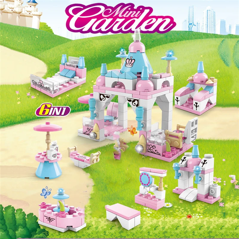 

Мини-садовые городские игрушки 6 в 1 131 шт., детские игрушки для девочек, серия «Принцесса», набор строительных блоков, мини-игрушки