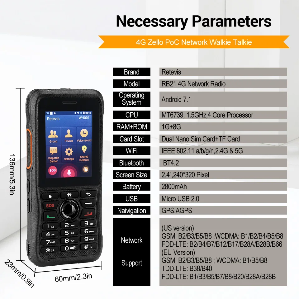 Zello 4G Network Two-Way Radio Retevis RB21 Android 7.1 GPS WIFI POC Network Radio Receiver USB Dual Sim Bluetooth-compatible HT