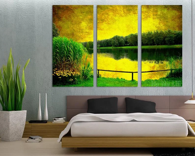 Трехпанельный триптих с рисунком красивый зеленый лес река для декора интерьера