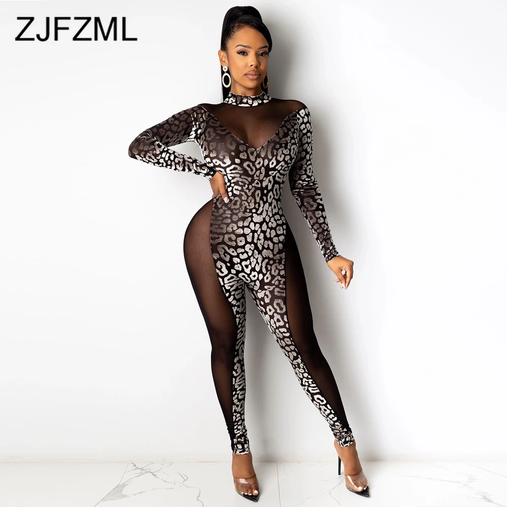 

Leopard Mesh Patchwork See Through Sexy Romper Women Vintage Turtleneck Full Sleeve Skinny Jumpsuit Fashion Skinny Party Overall