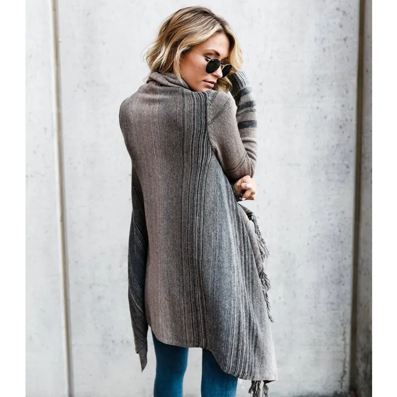 Женские свитера Осенний Повседневный стиль полосатый плащ круглый вырез длинный