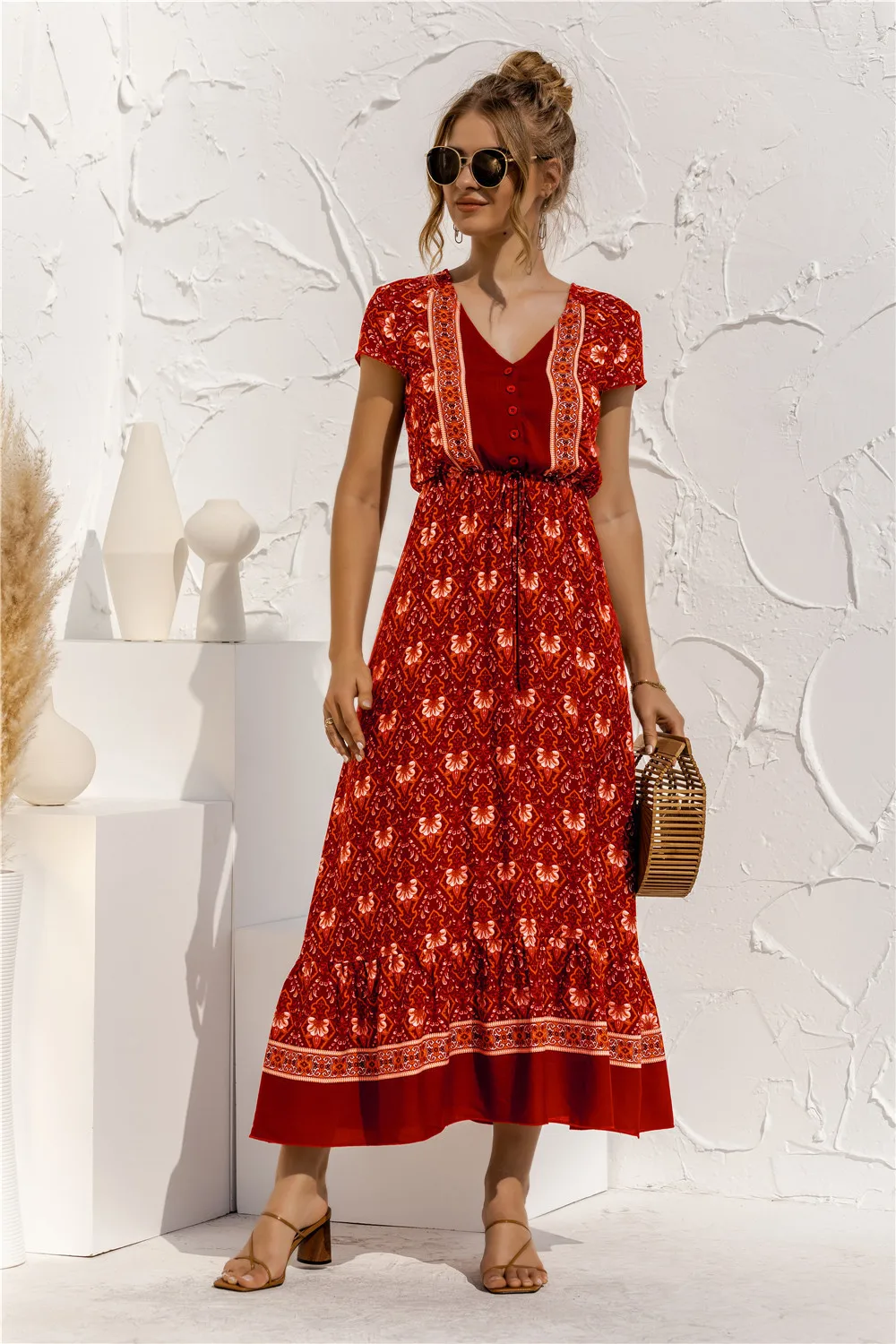 

Floral Print Summer Dress for Women Button Up Elastic Waist Shirt Dress Vintage Boho Beach Patchwork Long Dresses Vestidos Mujer