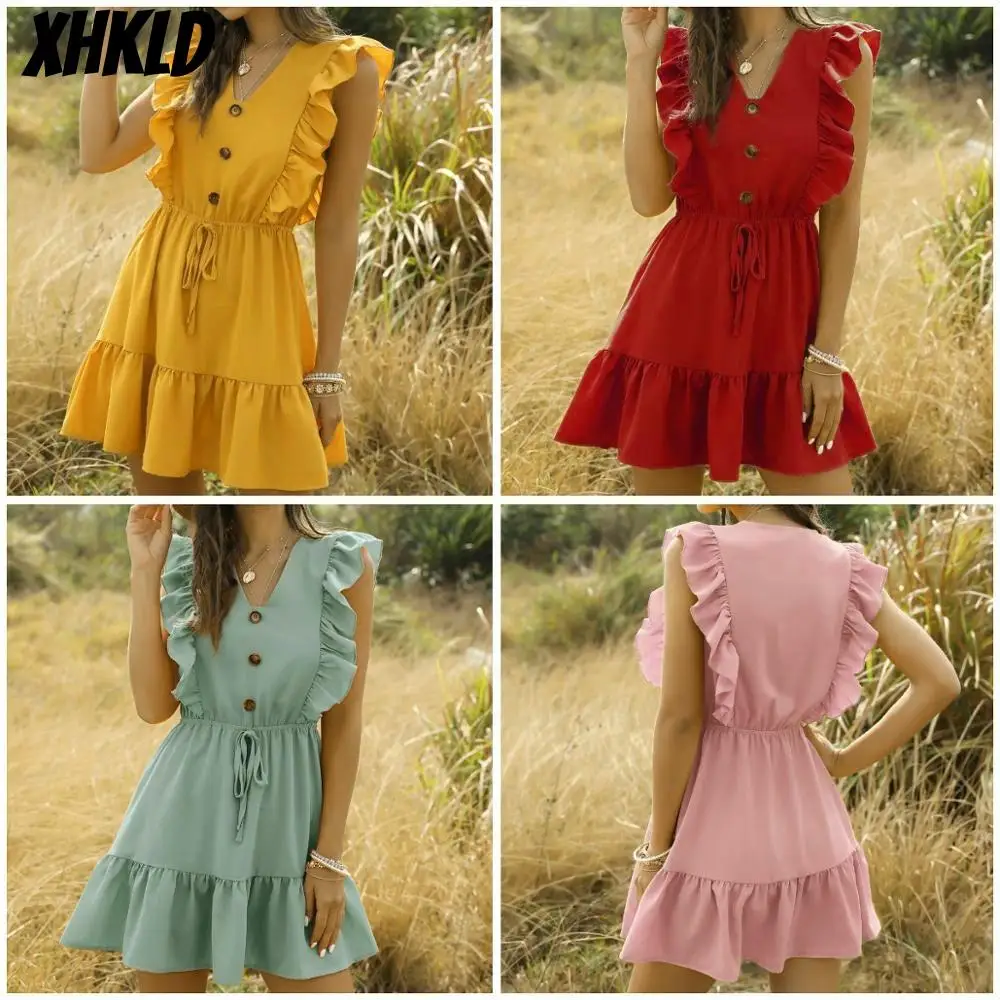 Xhcld сексуальное женское платье с оборками 2020 без рукавов Туника высокой талией