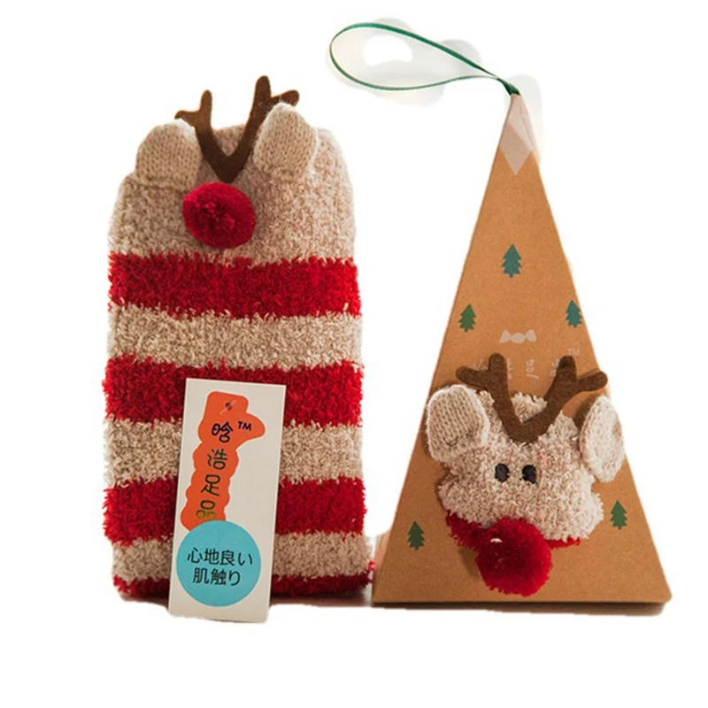 

Cute Animal Design Deer Christmas Socks Gift 3D Fluffy Coral Velvet Thick Warm Winter Sock For Women New Year Gift Sox With Box