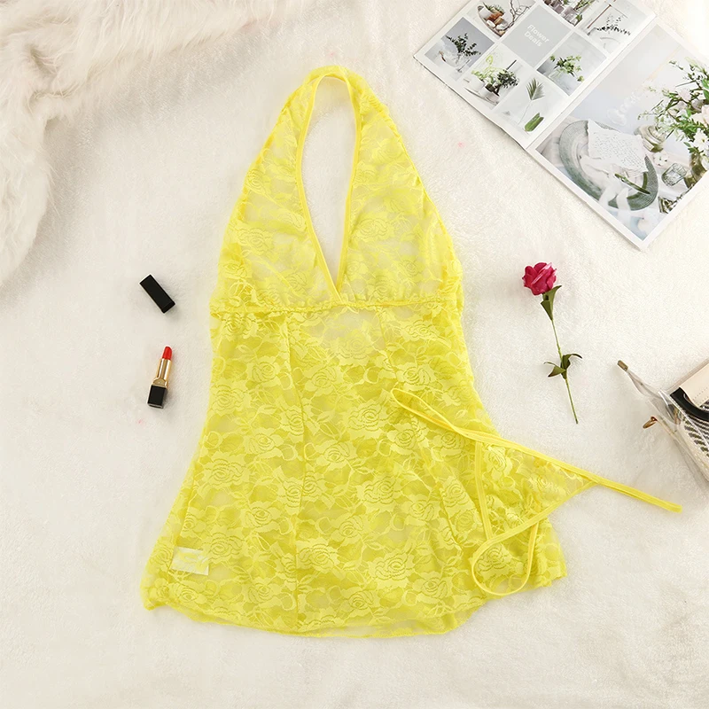 Underwear Women Sleepwear Sexy Lingerie Exotic Apparel Sling Lace V Neck See Through Solid Color Fashion Lady Lingerie érotique