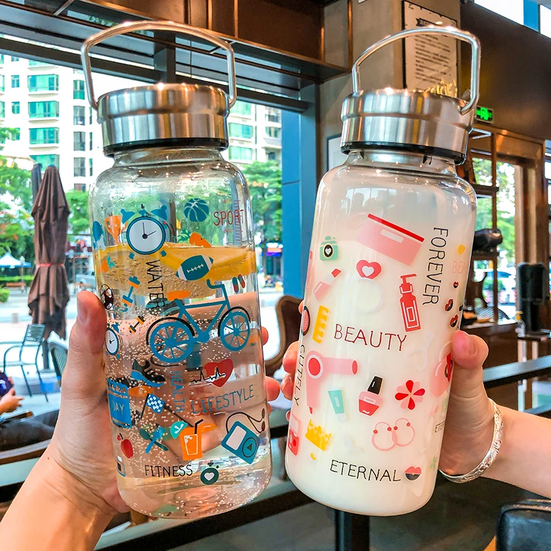 Botella de agua de vidrio con Graffiti para adultos, recipiente de gran capacidad para deporte, transparente, con filtro, colador de té portátil, 1000ml