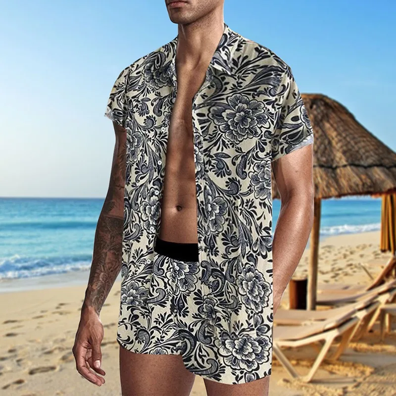 

Men Hawaiian Sets Printing 2021 Summer Short Sleeve Button Shirt Beach Shorts Streetwear Casual Mens Suit 2 Pieces Men Set