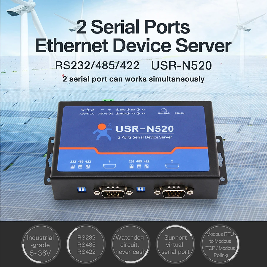 

2 Port Serial to Ethernet Server TCP IP Converter Network Device RS232 RS485 RS422 Multi-host Polling Transmission USR-N520