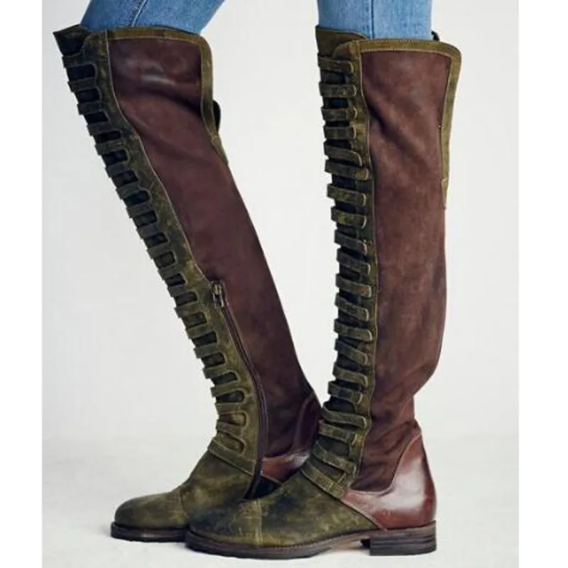 

Mujer Woman Suede Boots Over The Knee High Round Toe Shoes Green Genuine Leather Flat Heels Boots Female Autumn Winter Shoes