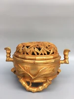 9chinese folk collection old bronze gilt bamboo joint bamboo binaural three legged incense burner office ornaments town house