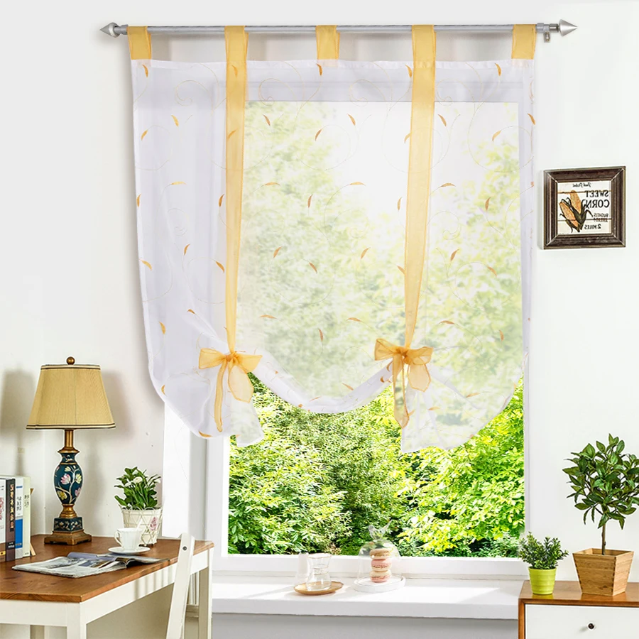 Римская штора европейского стиля с вышивкой, завязывающаяся, для окна на кухне, из полупрозрачного вуаля, с закрепочными петлями, бренд ON.