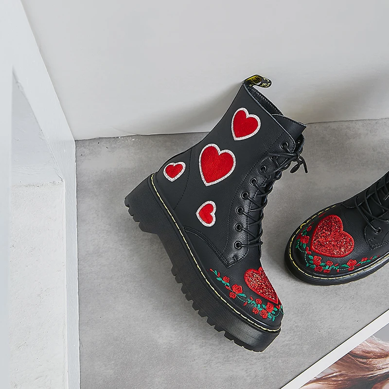 

Original Intention Stylish Red Heart design Ankle Boots Black High Platform Boots Woman Cross-tied Genuine leather Shoes Woman