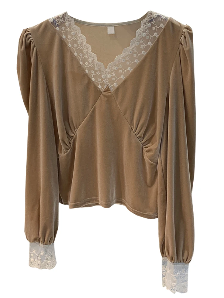 

Autumn / Winter 2020 New Women's Retro Floral Sexy Lace Pullover Shirt, V-Neck Splicing Long Sleeve Thickened Top Velvet