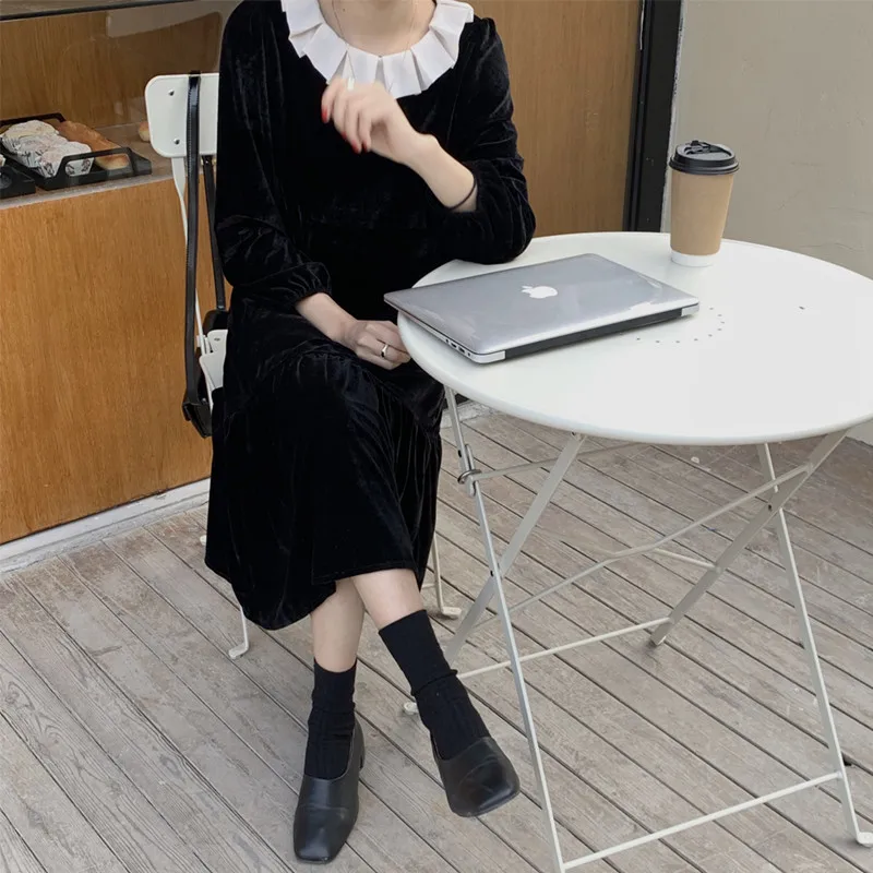 

WICCON Retro Pleated Fungus Round Neck Splicing Elegant Korean Dress 2021 Gentle Chic Fashion Versatile Women Long Dress