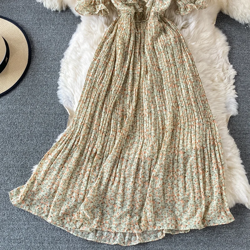 

New Women Sweet Pleated Dress Summer Short Sleeve V Neck Ruffles Dresses Ladies Elegant Floral Print Chiffon Long Robe Vestidos