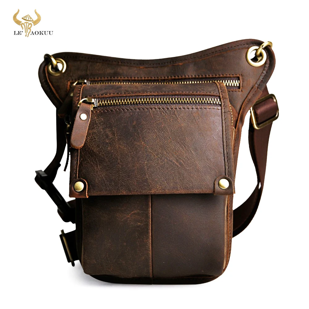 Crazy Horse Leather Men Design Classic Messenger Sling Bag Multi-function Fashion Travel Waist Belt Pack Leg Drop Bag 211-4