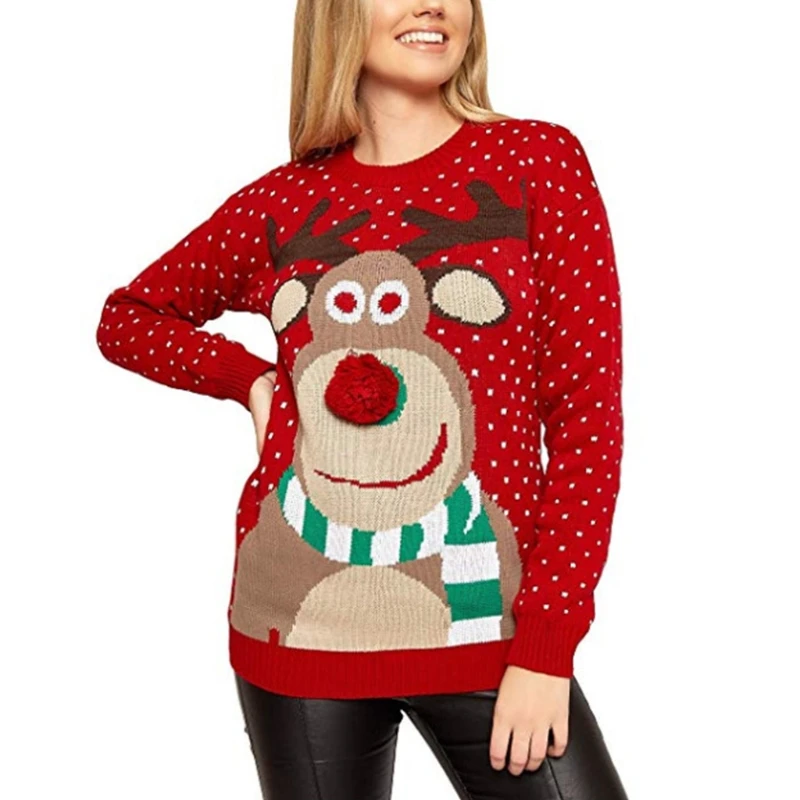 

2020 New Hot Women Winter Christmas Long Sleeve Sweater Cute Reindeer Print 3D Nose Pullover Tops Round Neck Loose Jumper Shirt