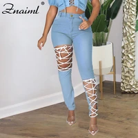 znaiml sexy blue hollow out denim bermudas summer women lace up jeans bandage distressed y2k pants fashion streetwear outfits