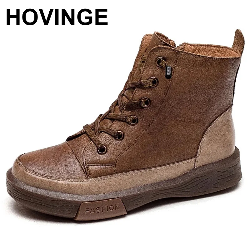 

HOVINGE Boots Female women shoes Ankle 2021 Autumn British Wind Genuine Leather Thick With Short Boots Motorcycle Martin shoes