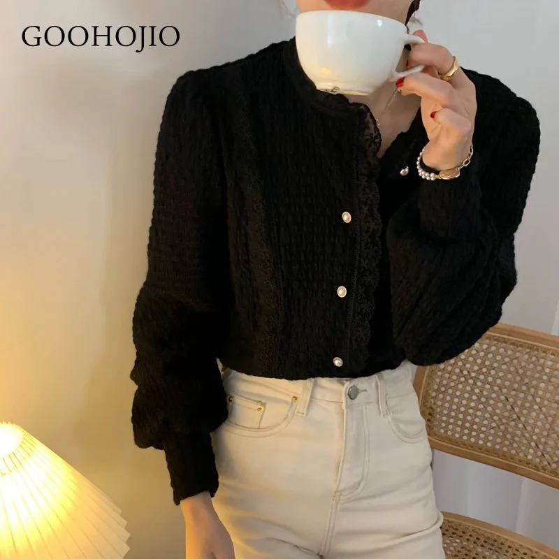 

GOOHOJIO Casual O-neck Lace Long Sleeve T-shirt for Women Spring Winter Clothes Sexy Solid Color Black Tee Shirt Office Lady Top