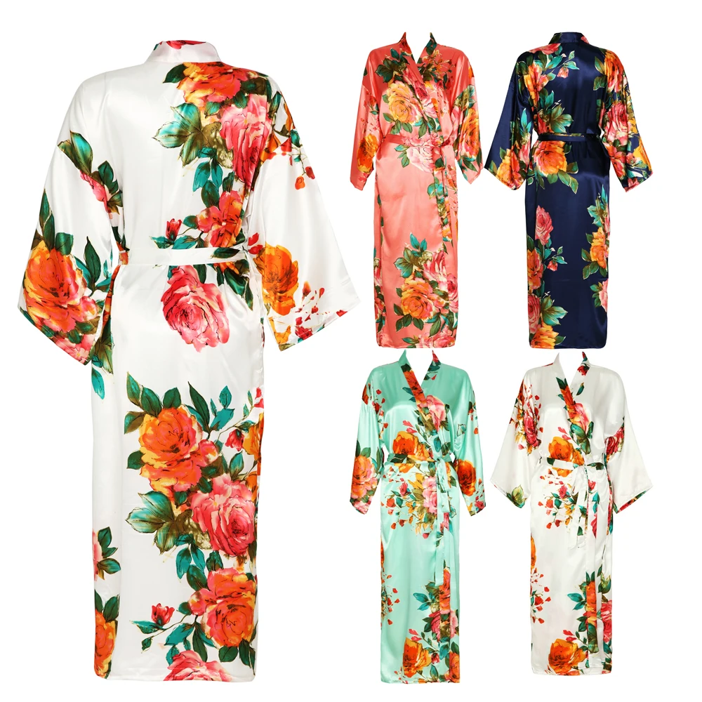 satin Long Floral Robe Kimono robe Silk Satin Flower Bathrobe Night Dress Wedding Robes for women Bridesmaids Bride Sleepwear