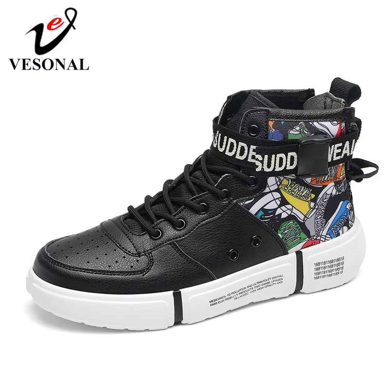 VESONAL 2020 Spring Hip Hop High Top Leather Sneakers Men Shoes Casual Print lightweight Rock Breathable Male Footwear street | Обувь