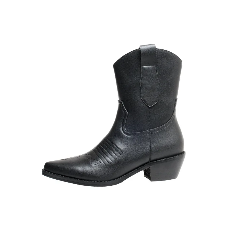 

Fashion Retro Style Boots Thick Heel Pointed Toe Western Cowboy Boots Leather Embroider Women Short Boots Handsome Trendy Shoes