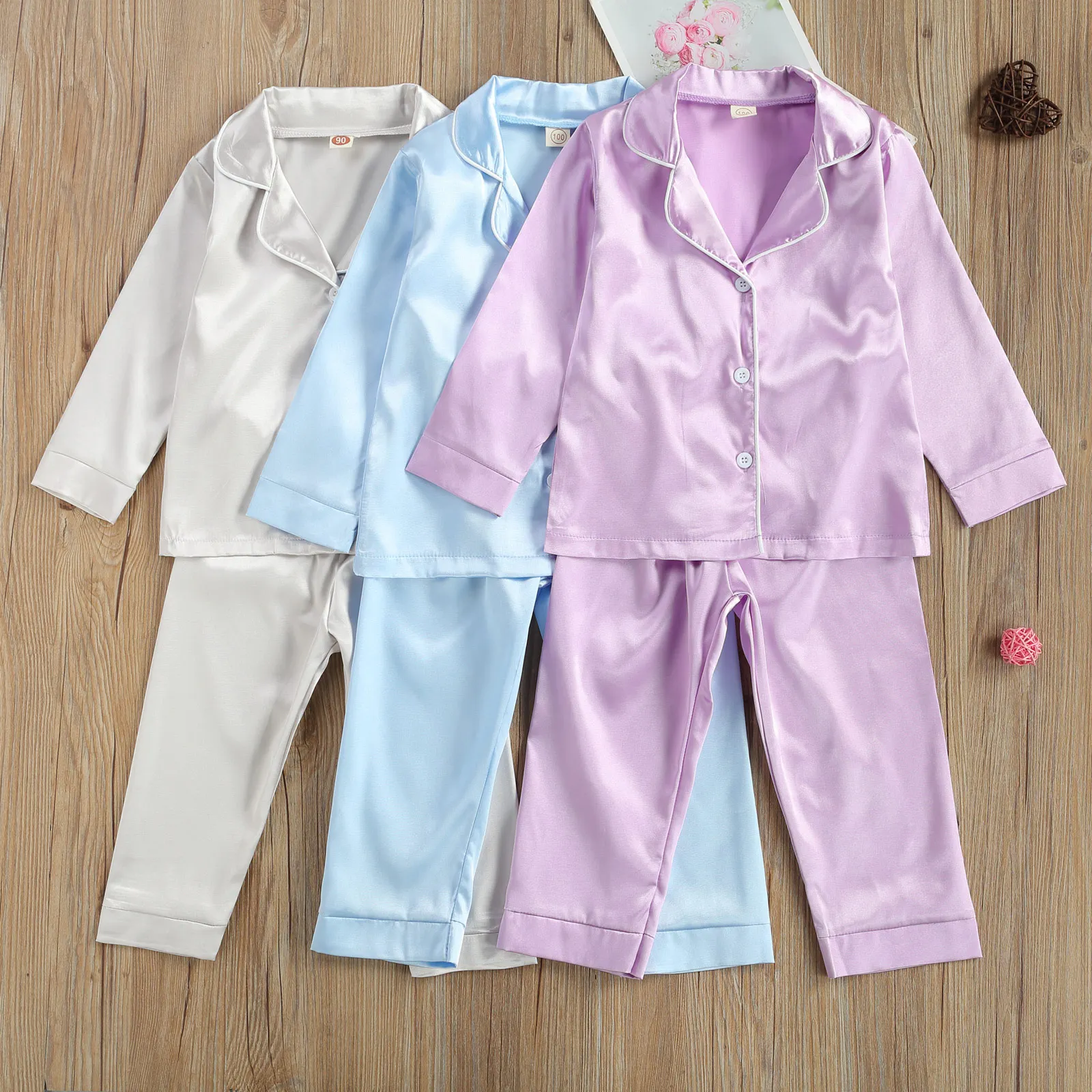 

Breathable Little Boys Girls Imitated Silk Pajamas Set Kids Spring Autumn Solid Long Sleeve Top + Long Pants Sleepwear Pajama
