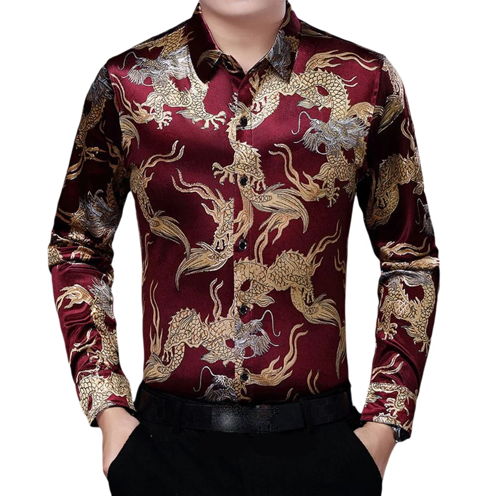Men Fashion Slim Dress Shirts Business Wedding Party Shirt Men Floral Print Shirt Blouse
