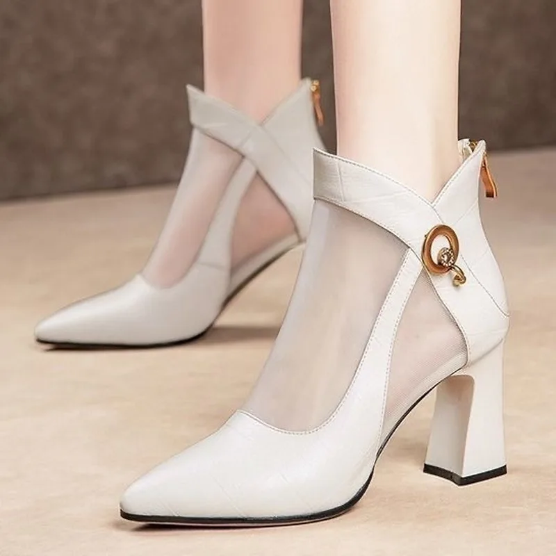 

Spring/Summer New Style High Heel Sandals Women Korean Style Square Heel Pointed Toe Mesh High Heels Women Fashion Single Shoes