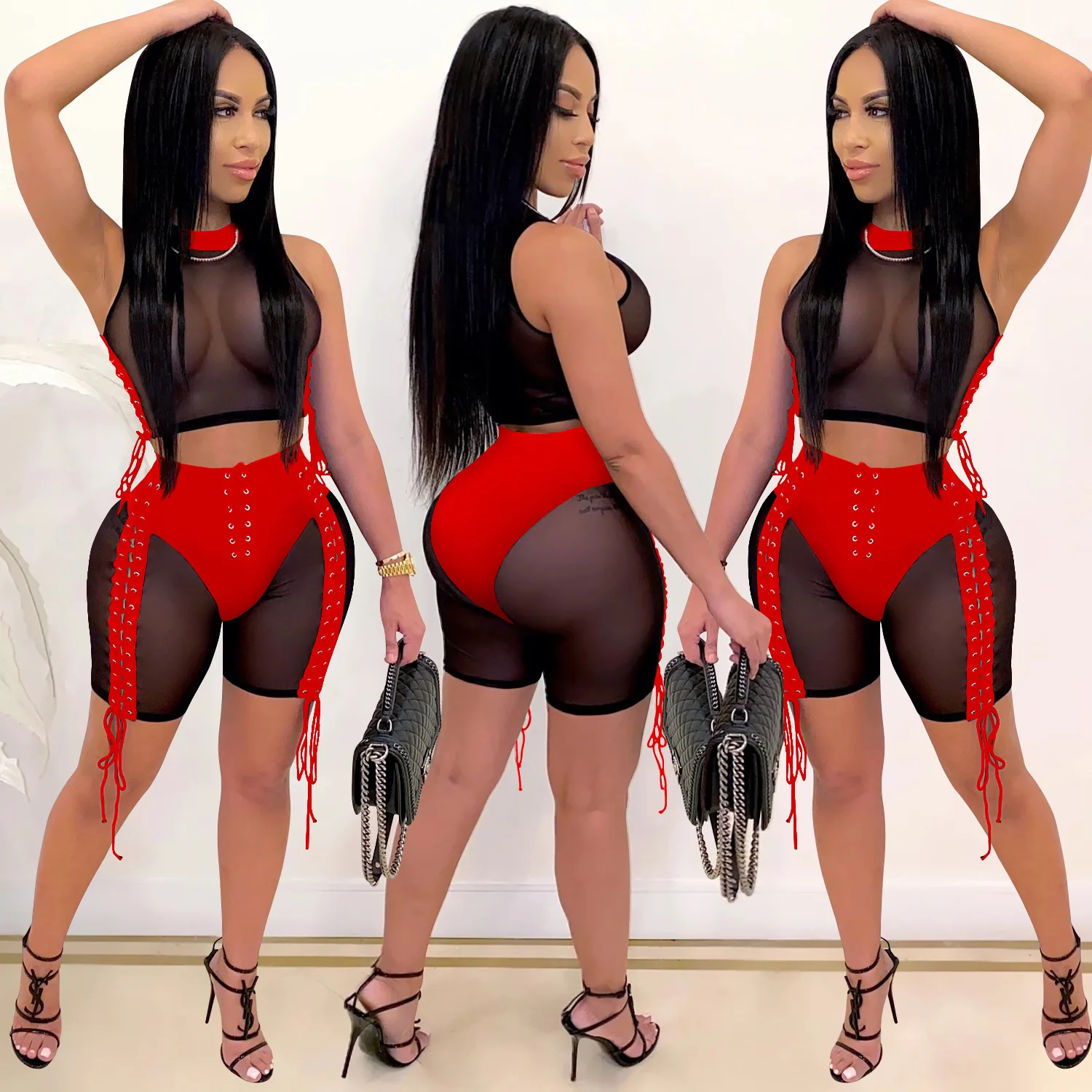 Tracksuits Women 2 Pieces Set Mesh Sheer See Through Tank Crop Tops Neon Color High Waist Lace-up Biker Shorts Female Clothes | Женская