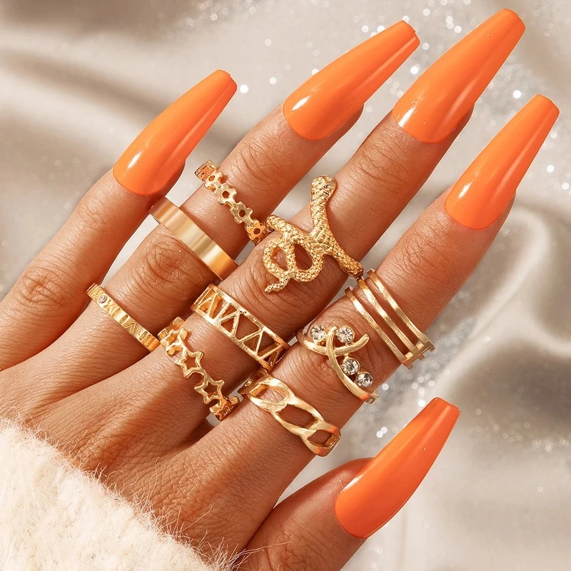 

HuaTang 9pcs/set Vintage Star Snake Joint Ring Sets for Women Bohemian Letter Hollow Geoemtric Crystal Stone Rings Jewelry