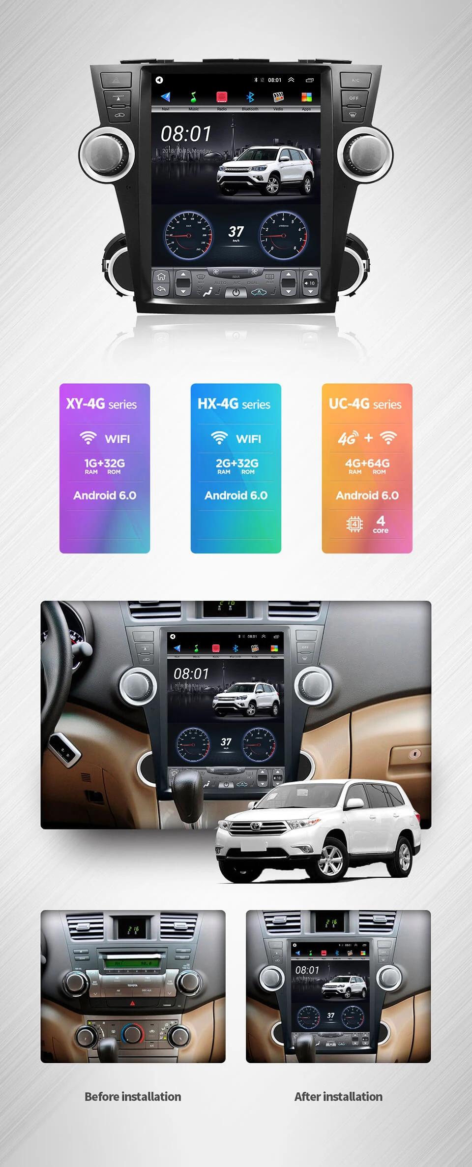 12,1 дюймов 4G Lte вертикальный экран android Мультимедиа Видео Радио плеер для Toyota Highlander 2009-13 лет навигации стерео