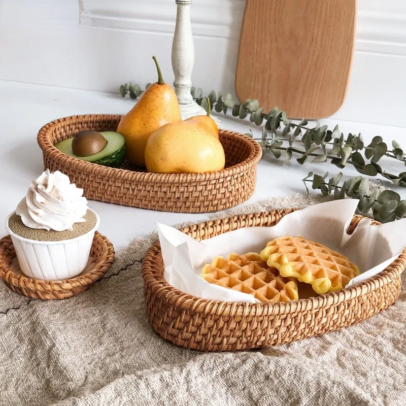 

Rattan Handmade Real Rattan Fruit Basket Snack Bread Basket Tray Living Room Snacks Sundries Storage Basket Fruit Tray