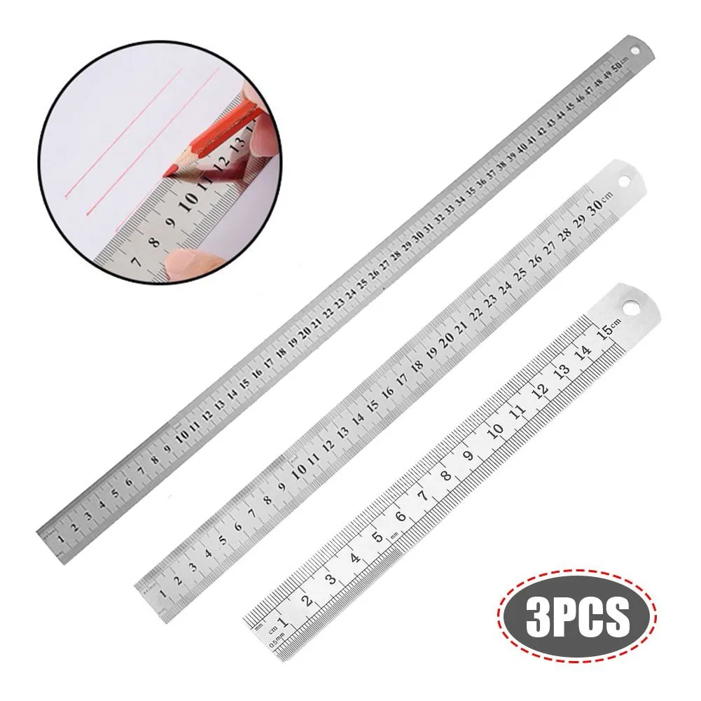 

3pcs Stainless Steel Rulers Marking Double-Side Scale Imperial/Metric 15+30+50cm Workshop Equipment Measuring Layout Tools