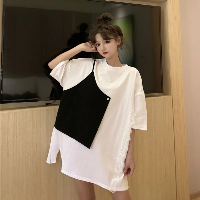 

Summer 2021 New Korean Style Loose Slimming Top Design Sense Niche Split Short-Sleeved T-shirt Women's Clothing Ins Fashion